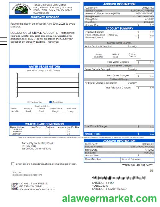 USA TAHOE CITY PUBLIC UTILITY utility bill Word and PDF template